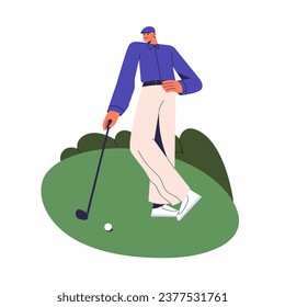 People play professional golf. Golfer standing in pose: hand on his hip, leaning on club. Sport player with putter, ball waiting game on field. Flat isolated vector illustration on white background