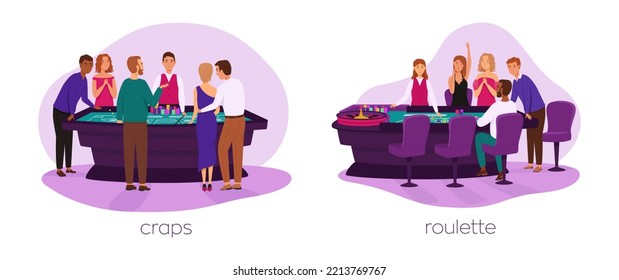 People Play Roulette And Craps Game Vector Set. Casino, Gaming House Flat Illustration. Happy People Characters. Casino Interior Decor. Gambling Industry. For Design Casino Web Sites.