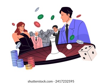 People play roulette, dice. Characters bet chips in casino to win jackpot. Person spins fortune wheel, risks. Chance games. Gambling business. Flat isolated vector illustration on white background