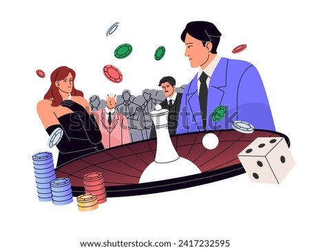 People play roulette, dice. Characters bet chips in casino to win jackpot. Person spins fortune wheel, risks. Chance games. Gambling business. Flat isolated vector illustration on white background