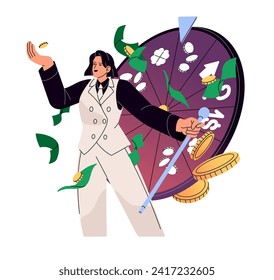 People play roulette. Rich woman in suit bets in Las Vegas casino. Success gambler throws coin into air. Character wins jackpot in chance game. Gambling flat isolated vector illustration on white