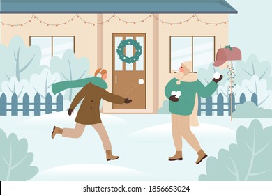 People play snowballs fight game, Christmas holidays outdoor activity vector illustration. Cartoon man woman couple characters playing, throwing snowballs, enjoying xmas snow winter weather background