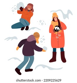 La gente juega bolas de nieve y se divierte. Una chica, un hombre y un adolescente con ropa abrigada hacen bolas de nieve. Caracteres en diferentes poses.Tiempo de invierno y actividad de invierno.Dibujo aislado vectorial plano de dibujos animados