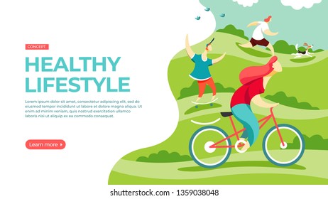 People play sports in the park, riding a bike, skateboarding and doing exercises with a fitball. Vector illustration of healthy lifestyle concept. Landing page main block layout.