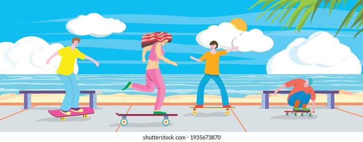 People play surfskate and skateboard on walkway with background beautiful panorama beach with blue sky.vector picture.