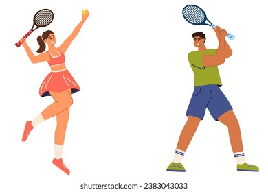 People play tennis. Men, women sportive characters in sportsman uniform play tennis, players holding rackets and hitting ball. Flat vector illustration isolated on white background