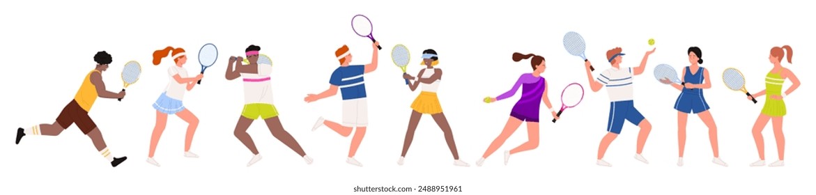 People play tennis set, actions of female and male players on court. Athlete characters holding rackets to play, young man and woman jumping for ball on tennis match cartoon vector illustration