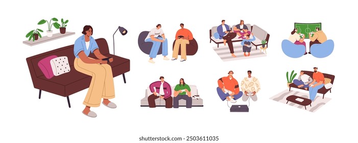 People play videogames consoles set. Happy gamers with joysticks have fun at home. Friends with controllers in hands are in video games together. Flat isolated vector illustrations on white background