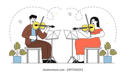 People play violin. Man and woman with musical instruments sitting on stage. Orchestral musicians perform, classical music concert. Linear vector illustration isolated on white background