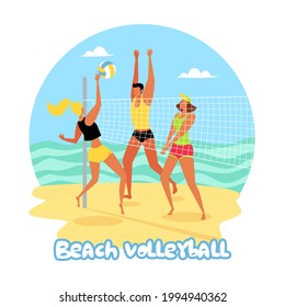 La gente juega al voleibol en la playa, ya que el vóley playa es un deporte muy popular, con juegos activos en la playa. Ilustración plana del vector