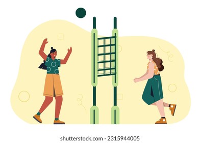 People play volleyball outdoor concept. Women kick ball over net. Team sport and active lifestyle, fitness, competitive game. Athletes in tournament or competition. Cartoon flat vector illustration