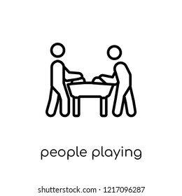 people playing air hockey icon. Trendy modern flat linear vector people playing air hockey icon on white background from thin line Recreational games collection, outline vector illustration