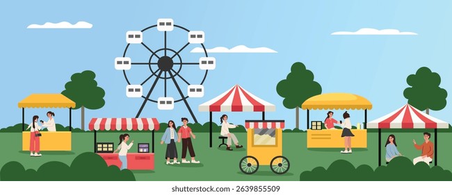 People playing at amusement park. Ferris wheel at the park. Street food stall. City park landscape. Couple walking. Bushes. 
