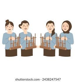 People are playing angklung, one of the traditional instrument in Indonesia