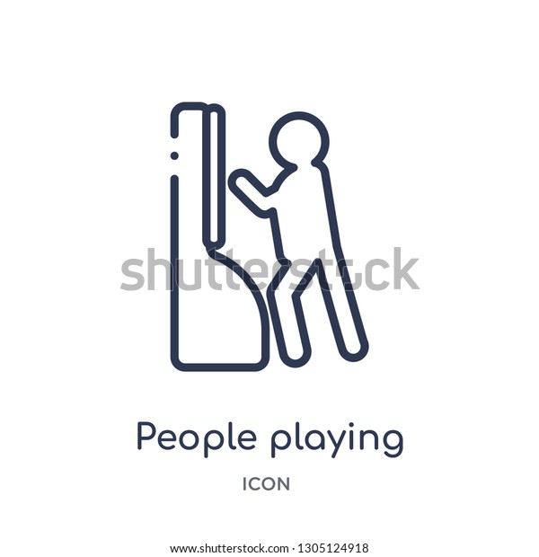 people playing arcade game icon from\
recreational games outline collection. Thin line people playing\
arcade game icon isolated on white\
background.