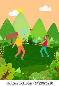 People playing badminton together vector, team of females outdoor games for teens, mountains and trees of forest, active lifestyle and summer fun
