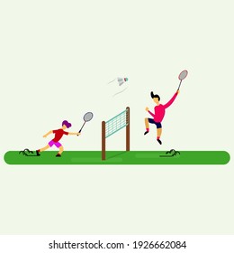 people playing badminton of vector illustration