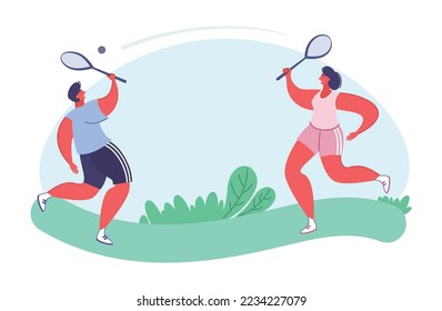 Gente jugando vector de bádminton. Ilustración del juego deportivo de verano. La pareja de jóvenes y mujeres disfrutan del descanso y de la actividad de ocio activa en verano. Estilo de vida saludable, bienestar y pasatiempo