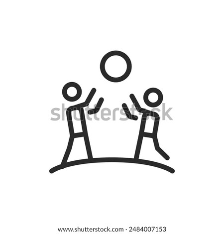 People playing ball outdoors, linear style icon. Children throwing ball. Editable stroke width