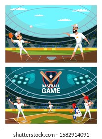 People Playing Baseball Vector Illustrations Set. Cheerful Players, Professional Team In Uniform Cartoon Characters. Adult Man And Child Throwing Ball. Softball Championship, Competitive Game