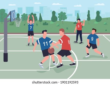 People playing basketball on street flat color vector illustration. Guys having fun spending their leisure time outdoor. Basketball players 2D cartoon characters with city park on background