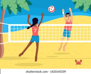 People playing beach volleyball flat illustration. Professional players in sportswear cartoon characters. Team training exercise, friendly competition, contest. Summer sport activity, recreation