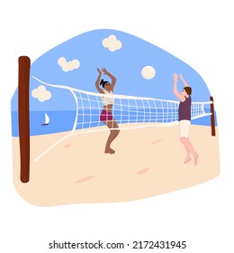 people playing beach volleyball on sand in summer. Players throwing ball through net. Team sports game. Flat vector illustration of beach volley isolated on white background
