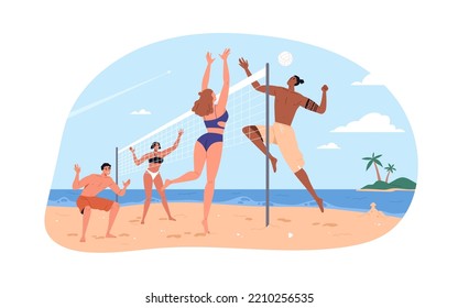 People Playing Beach Volleyball On Summer Holiday. Players Teams On Sand Court With Net At Sea Coast. Volley Ball Game At Seaside. Flat Graphic Vector Illustration Isolated On White Background