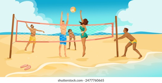 People playing beach volleyball on a sunny day. Cartoon style. Sandy beach background. Summer and recreation concept. Vector illustration