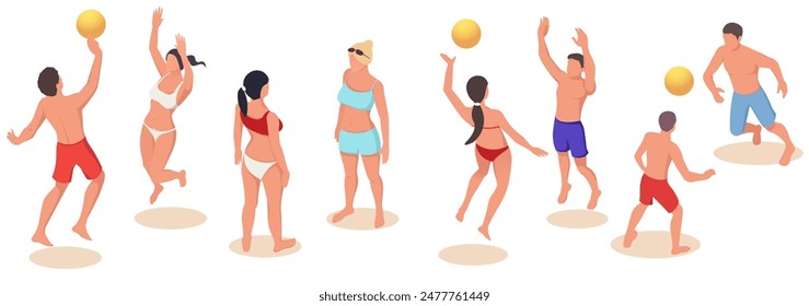 People playing beach volleyball on a white background. Concept of outdoor summer activity. Vector illustration
