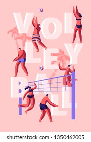 People Playing Beach Volleyball Poster. Summer Outdoor Active Sport Game Concept. Girl with Ball Air Jump. Handsome Man Volleyball Player. Holiday Enjoying Time Flat Cartoon Vector Illustration