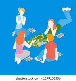 People playing a board game with cards. Isometric family spend time together at quarantine. Indoors activity and hobby for teens. Happy childhood. Father, mother and children vector illustration