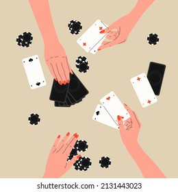 People Playing Board Game At Desk.Home Leisure For Friends Or Families.Friends Play Poker Card Game.Hand With Cards And Chip. Colleagues And Corporate Boardgames.Hand Drawn Vector Flat Illustration.
