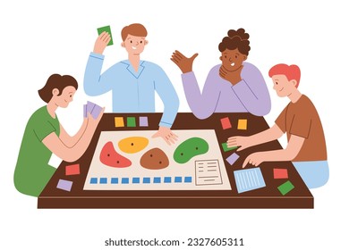 People playing board game. Hand drawn composition of boardgame activity. Vector illustrations of men and women having fun together. Happy family at table. Cooperative tabletop game, strategy