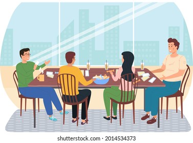 People playing board game at home. Men and women friendly family or good friends with logic game on weekend together eating candies and playing cards in apartment, Family fun activity, entertainment
