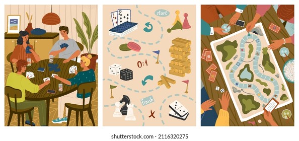 People playing board game at home. Table games concept vector posters set. Group of friends playing cards. Game objects, chess pieces, dice, wooden bricks, domino. Leisure home activities