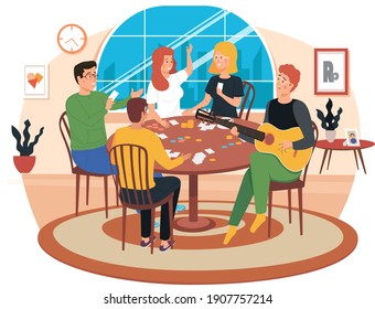 People playing board game. Man sings songs. Guy playing guitar. Friends have fun at home. Girls discuss card game on table. Entertainment and pastime in apartment. Musician uses strings on instrument