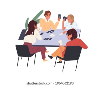 People playing board game at office desk. Team building and informal job entertainment concept. Colleagues and corporate boardgames. Colored flat vector illustration isolated on white background