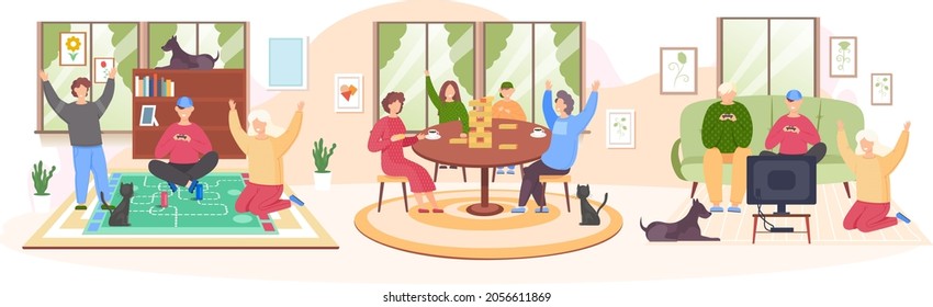 People playing board game scenes set. Friends and family having fun, spending time together at home. Parents with children enjoy table game and video game. Indoor entertainment for adults and children