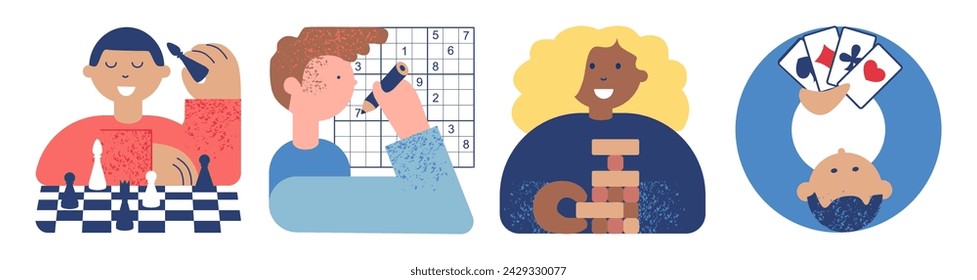 People Playing Board Games. Cards and Jenga games. Set. Sudoku puzzle game. Chess board game. Learning and leisure concept. Simple geometric sketch vector illustration