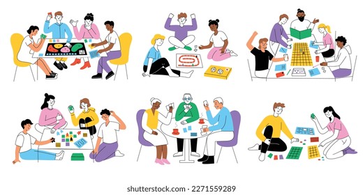 People playing board games, collection of hand drawn scenes with modern tabletop games for family and friends, vector illustration of children adventure game, senior hobby and leisure activity