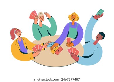 People playing board games. Group of friends or colleagues playing cards. People spend time together