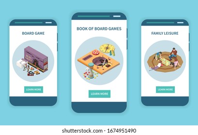 People playing board games isometric set of three vertical banners with learn more buttons and images vector illustration