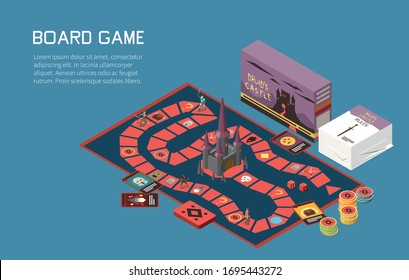 People playing board games isometric background with text and desktop game with cards and colourful chips vector illustration