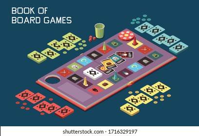 People playing board games isometric composition with view of desktop gaming set with cards and chips vector illustration