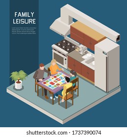 People playing board games isometric background with set of indoor images kitchen scenery and playful people vector illustration