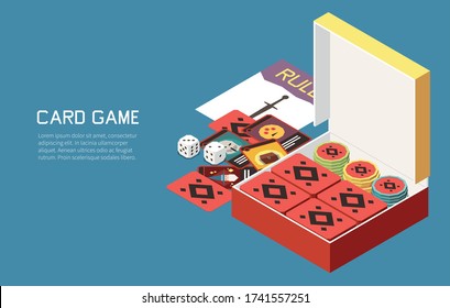 People playing board games isometric background with editable text and images of gaming set with chips vector illustration