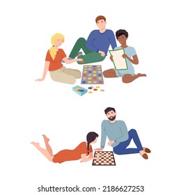 People playing board games set. Families or friends spending time together at home vector illustration