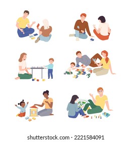 People playing board games set. Family members and friends having good time together at home vector illustration