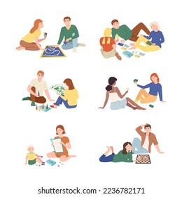 People playing board games set. Families having good time together playing cards, adventure game and checkers at home vector illustration